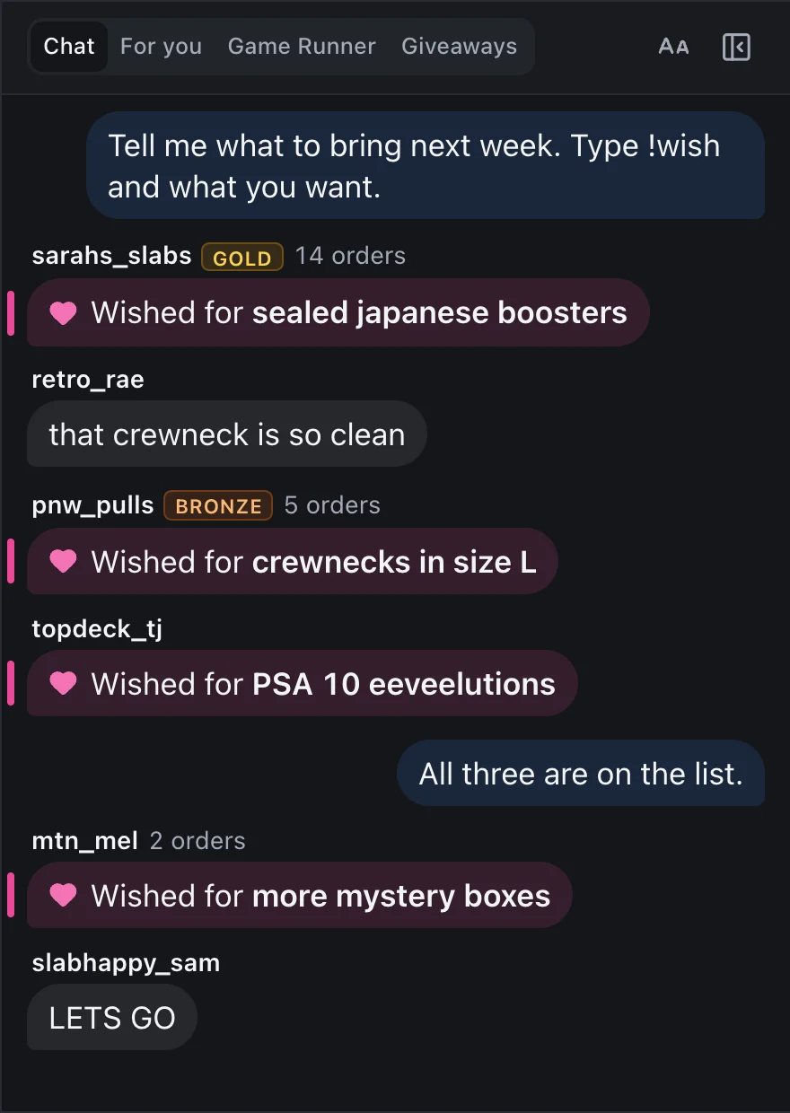 The chat panel beside Niko with four buyer wishes marked in pink: sealed japanese boosters, crewnecks in size L, PSA 10 eeveelutions, and more mystery boxes